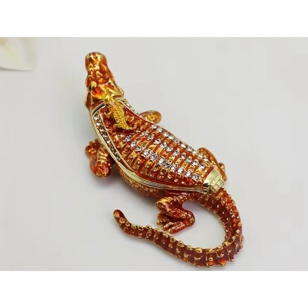 Crocodile Trinket Box Unisex brown Excellent Rhinestone Enameled
